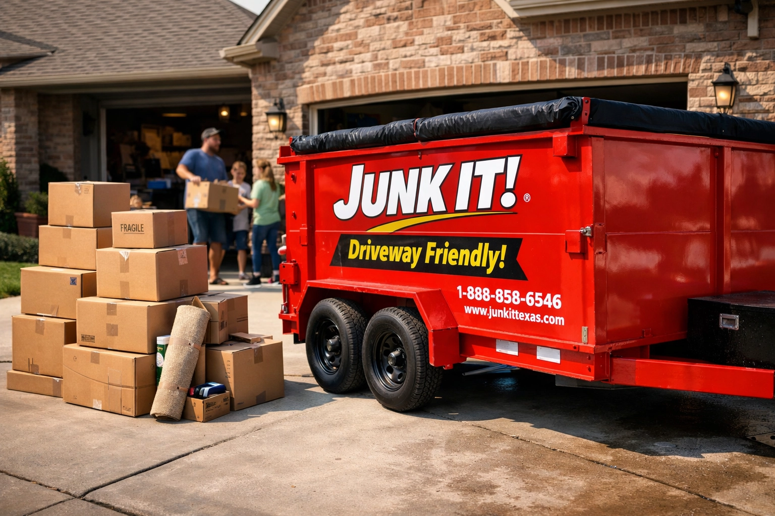 Red mobile dumpster trailer in a Pearland driveway next to boxes for easy residential junk removal.