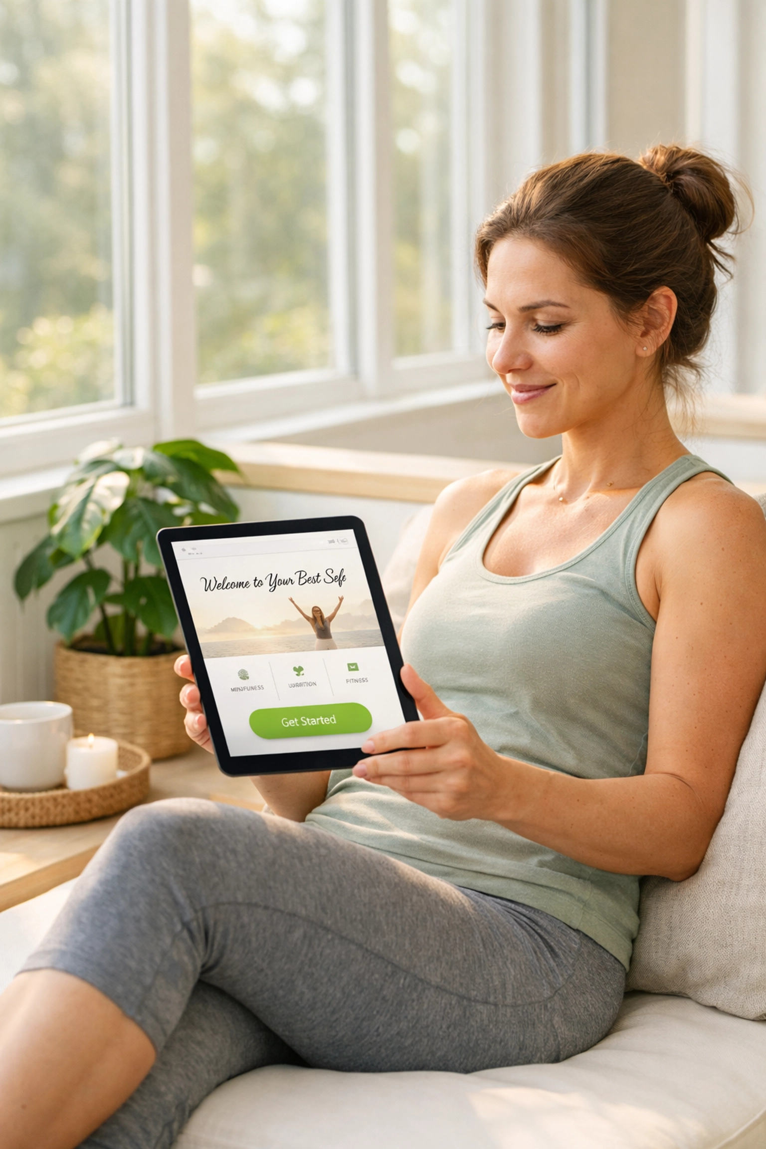 Person viewing an optimized wellness landing page on a tablet with a clear call to action and simple design.