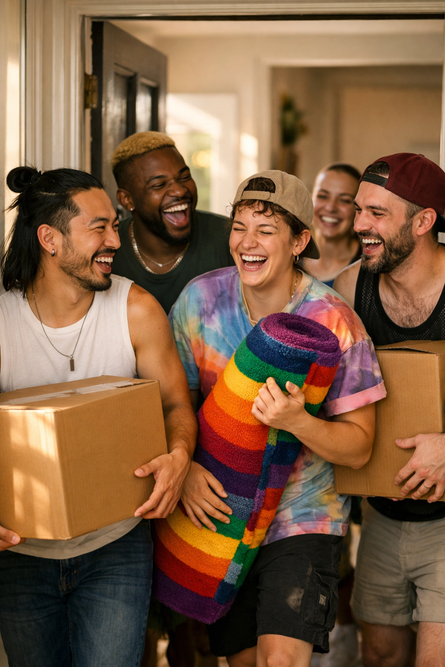 Diverse queer friends helping with a move, representing the active support of a chosen family during life milestones.