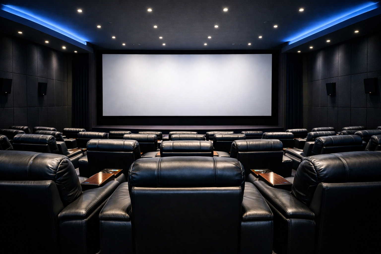 Pristine VIP cinema screening room with clean leather seating and a spotless movie screen in Worcester.