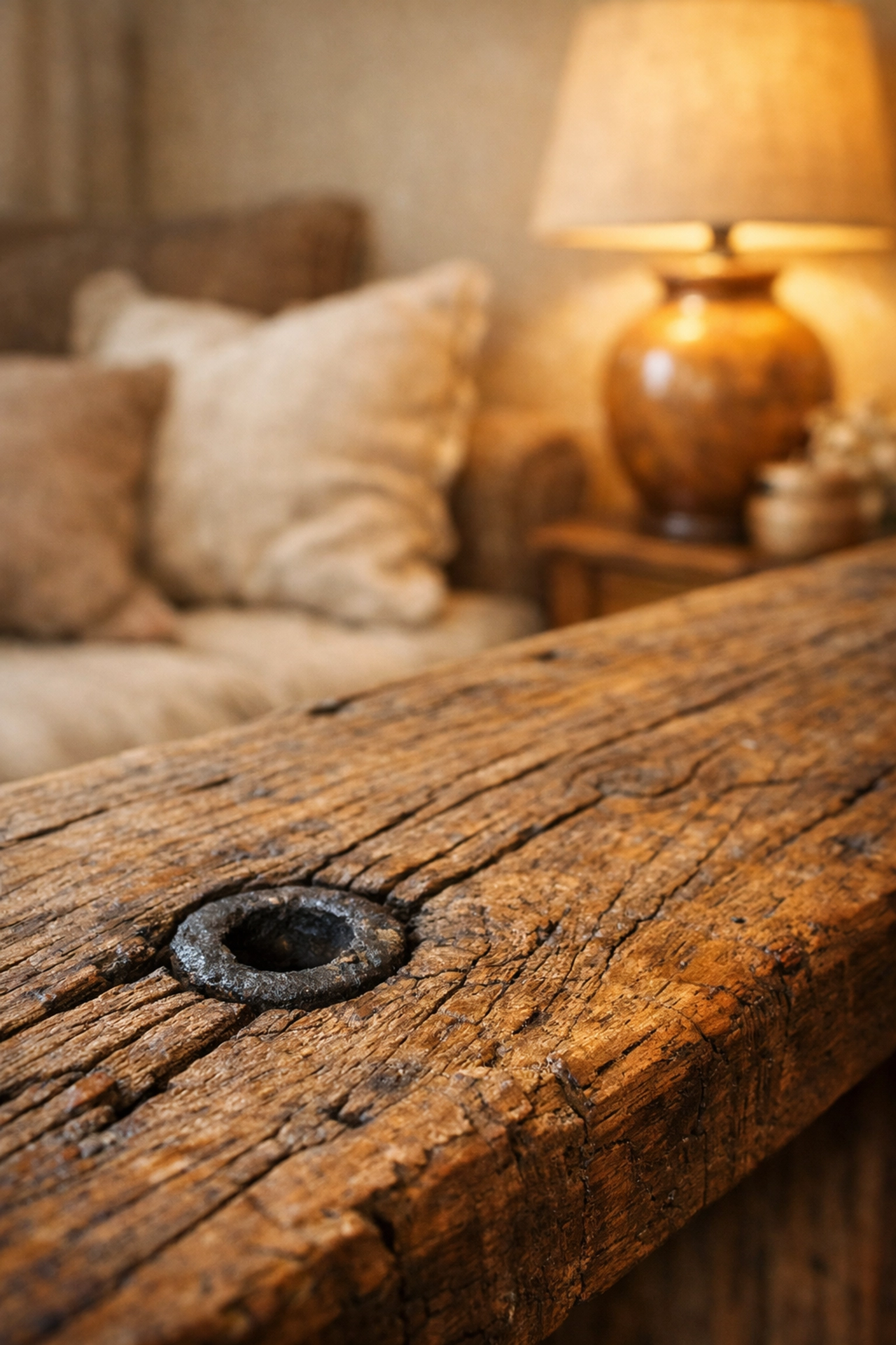 Detail of a repurposed timber console table showing the authentic grain of unique handmade gifts and decor.