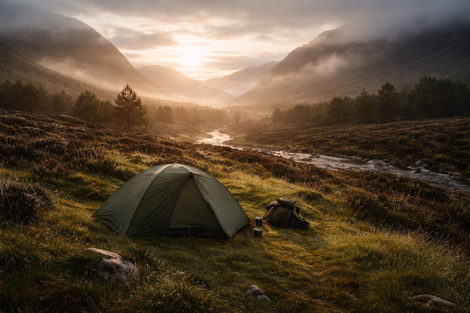 Remote wild camping tent at dawn in the Scottish Highlands, surrounded by mountains and heather.