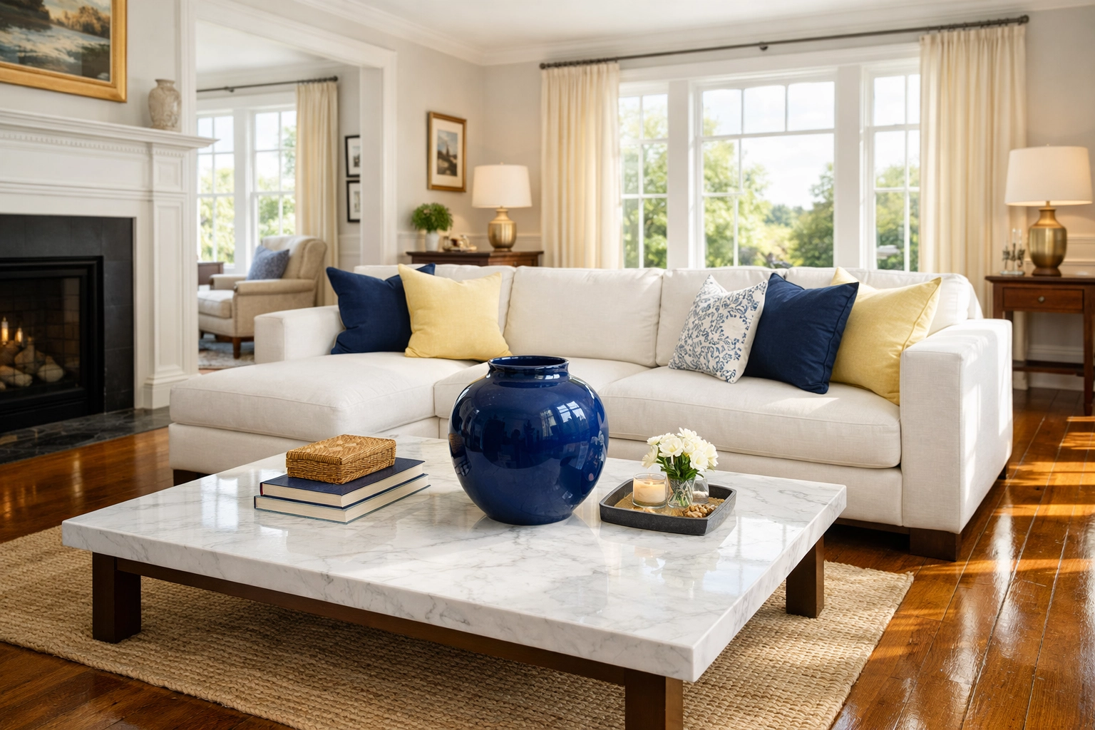 Clean and organized Lancaster living room with polished floors after a bi-weekly house cleaning service.