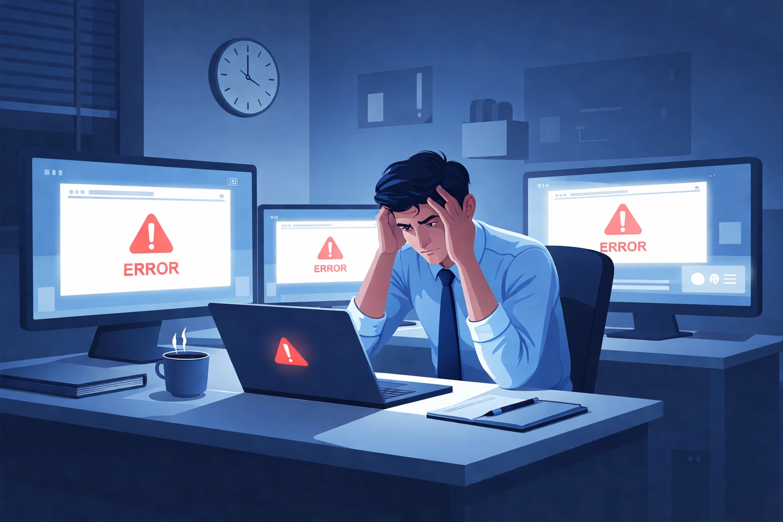 Frustrated business professional at desk late at night facing IT problems and system errors