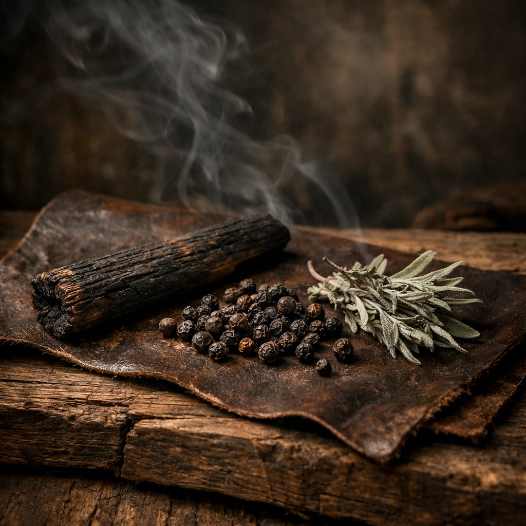 Rugged sandalwood and leather ingredients representing the bold masculine scents of the Wild West Collection.