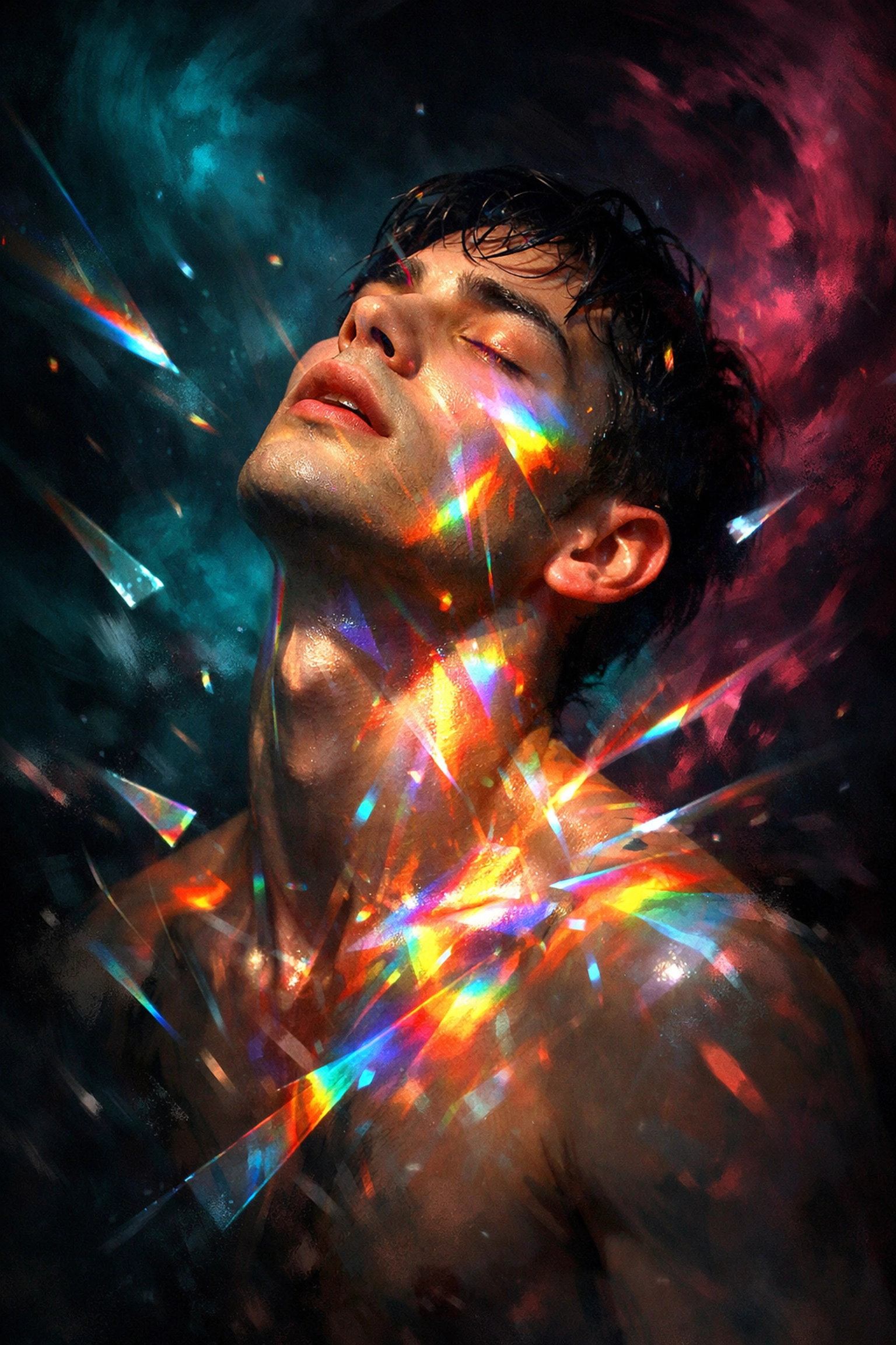 A gay man experiencing a peak moment of sensory euphoria amidst vibrant, fractured light.