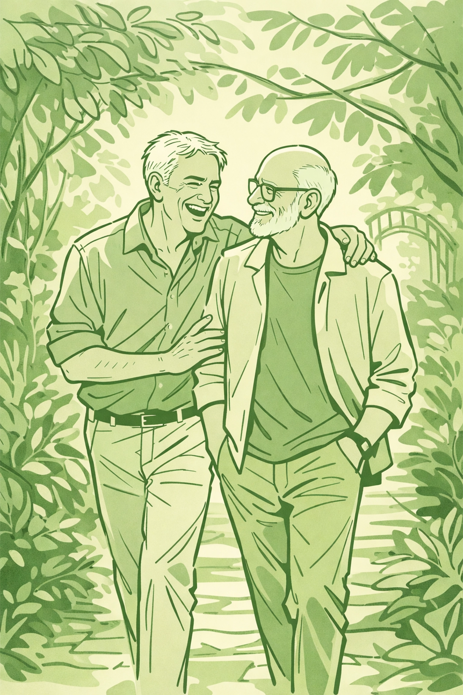 Older gay couple laughing together in a garden, illustrating the joy and freedom of coming out later in life.