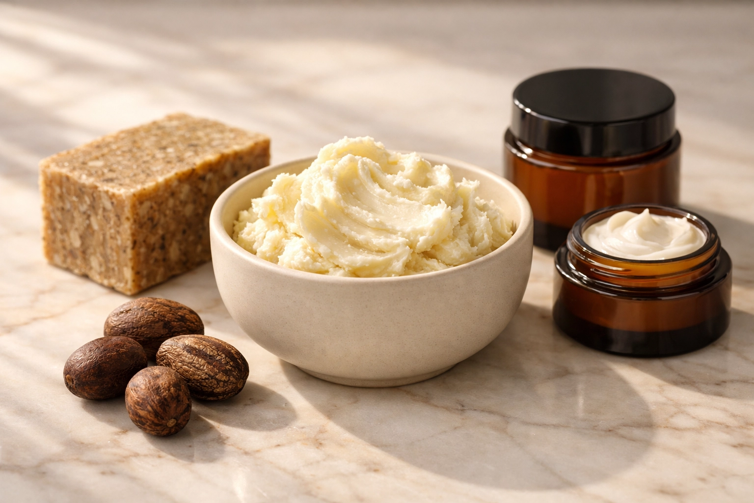 Premium raw African shea butter in a bowl with natural skincare products and soap for wholesale sourcing.