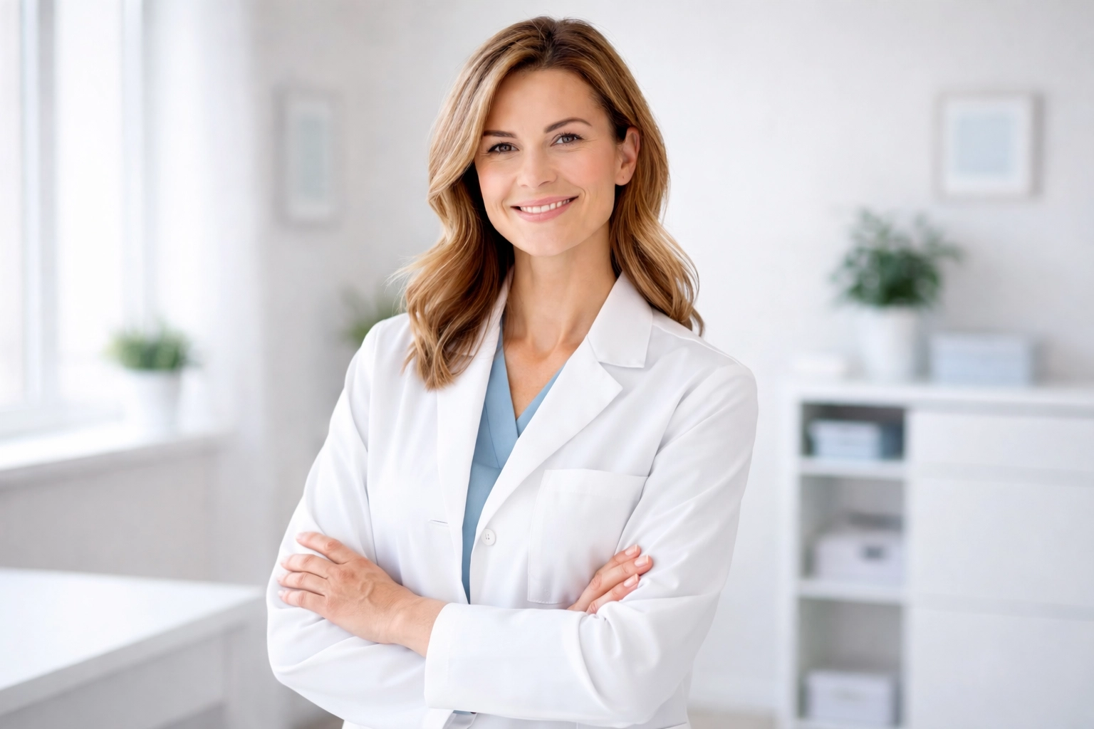 Portrait d'une femme médecin souriante dans un cabinet lumineux, ambiance chaleureuse et professionnelle