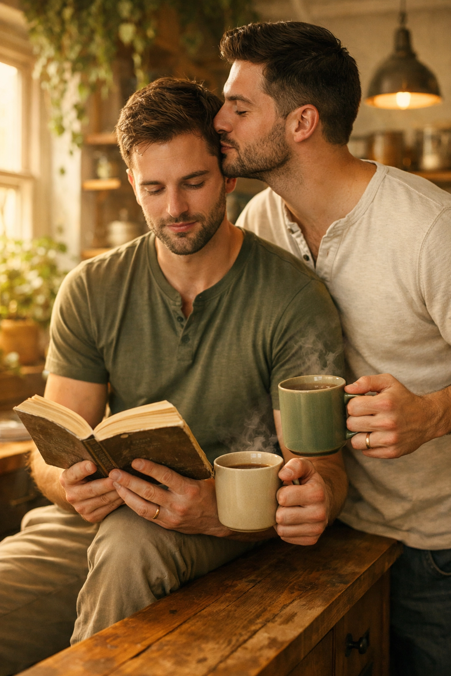 Two men share a tender moment in a cozy kitchen, capturing the sanctuary of quiet intimacy mm romance novels.