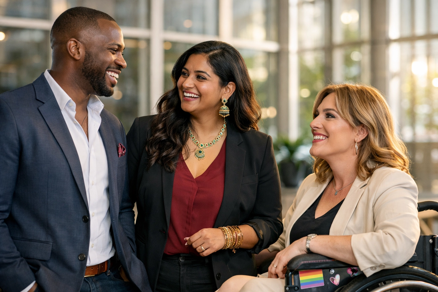 Diverse LGBTQ professionals discussing queer leadership and intersectional career growth in a modern office.