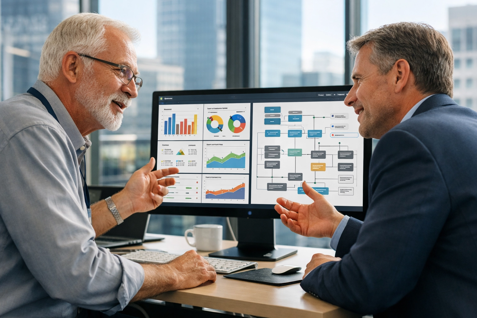 Senior IT consultant and executive discussing ServiceNow ITAM data for strategic Agentic AI integration.