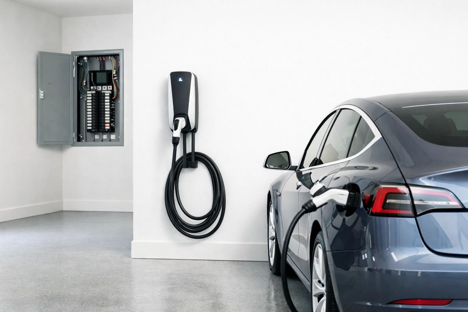 Professional EV charger installation and electrical panel upgrade in a modern Mesa home garage.