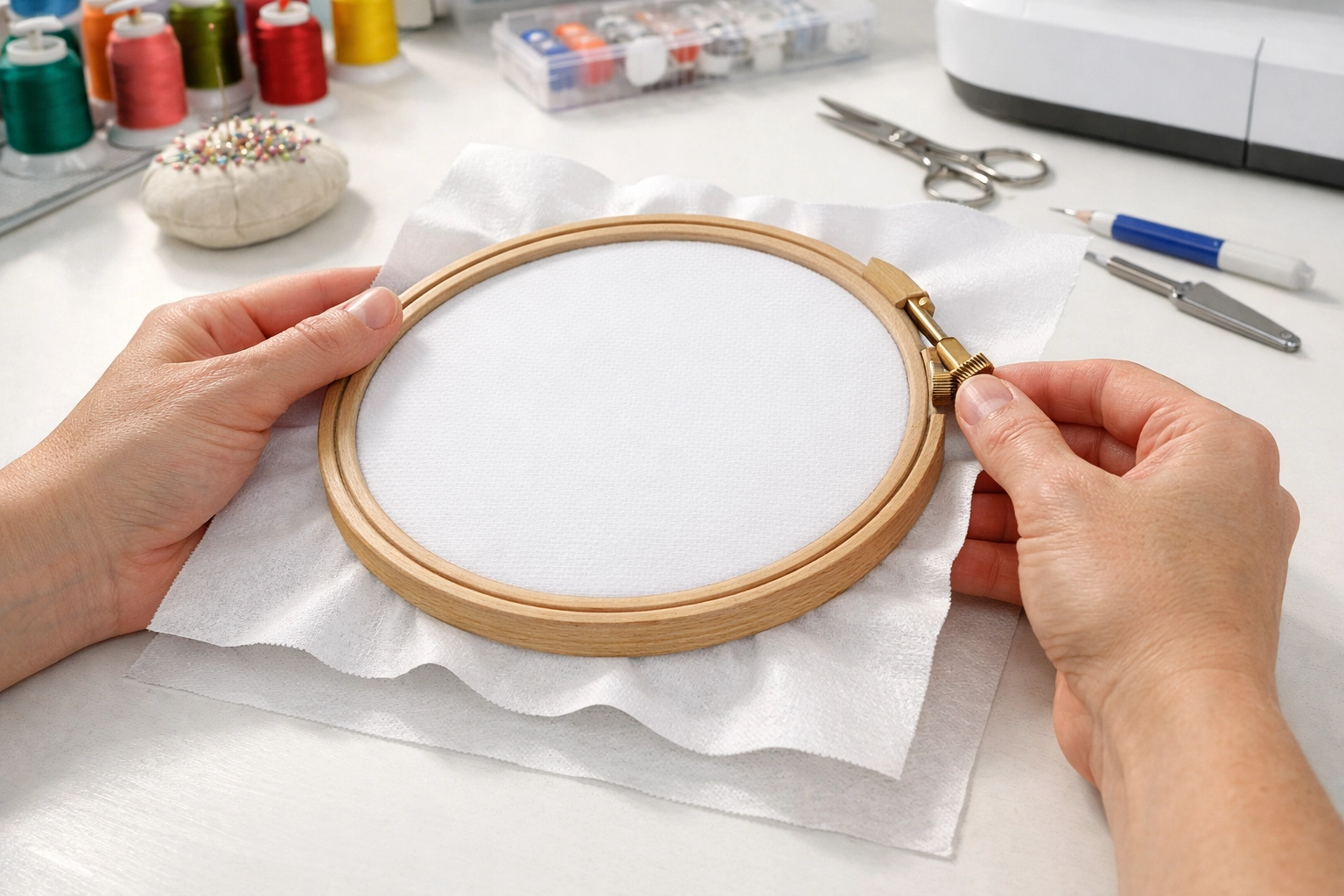 Professional embroidery hoop setup with taut fabric and stabilizer for custom patches