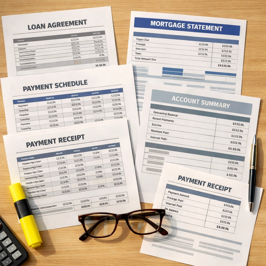 Organized mortgage loan documents and statements for foreclosure review