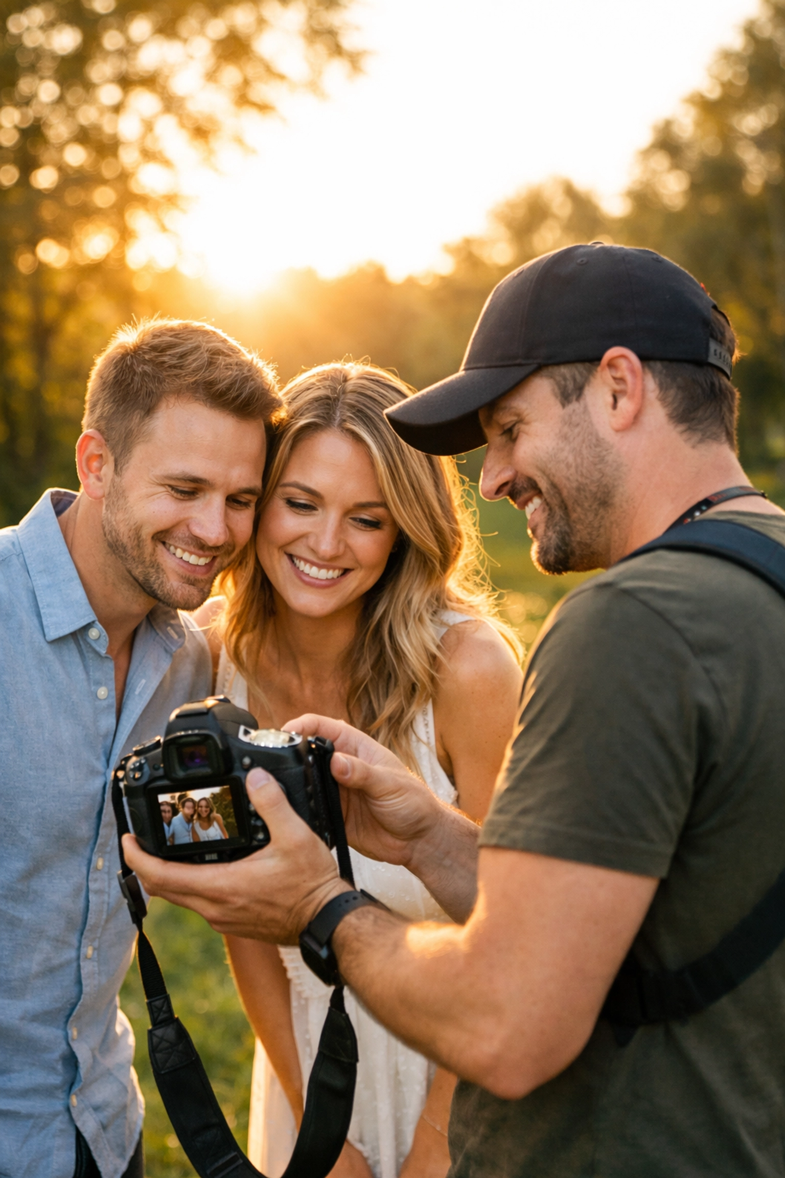 A professional photographer showing a photo preview to a happy couple during an outdoor photoshoot.