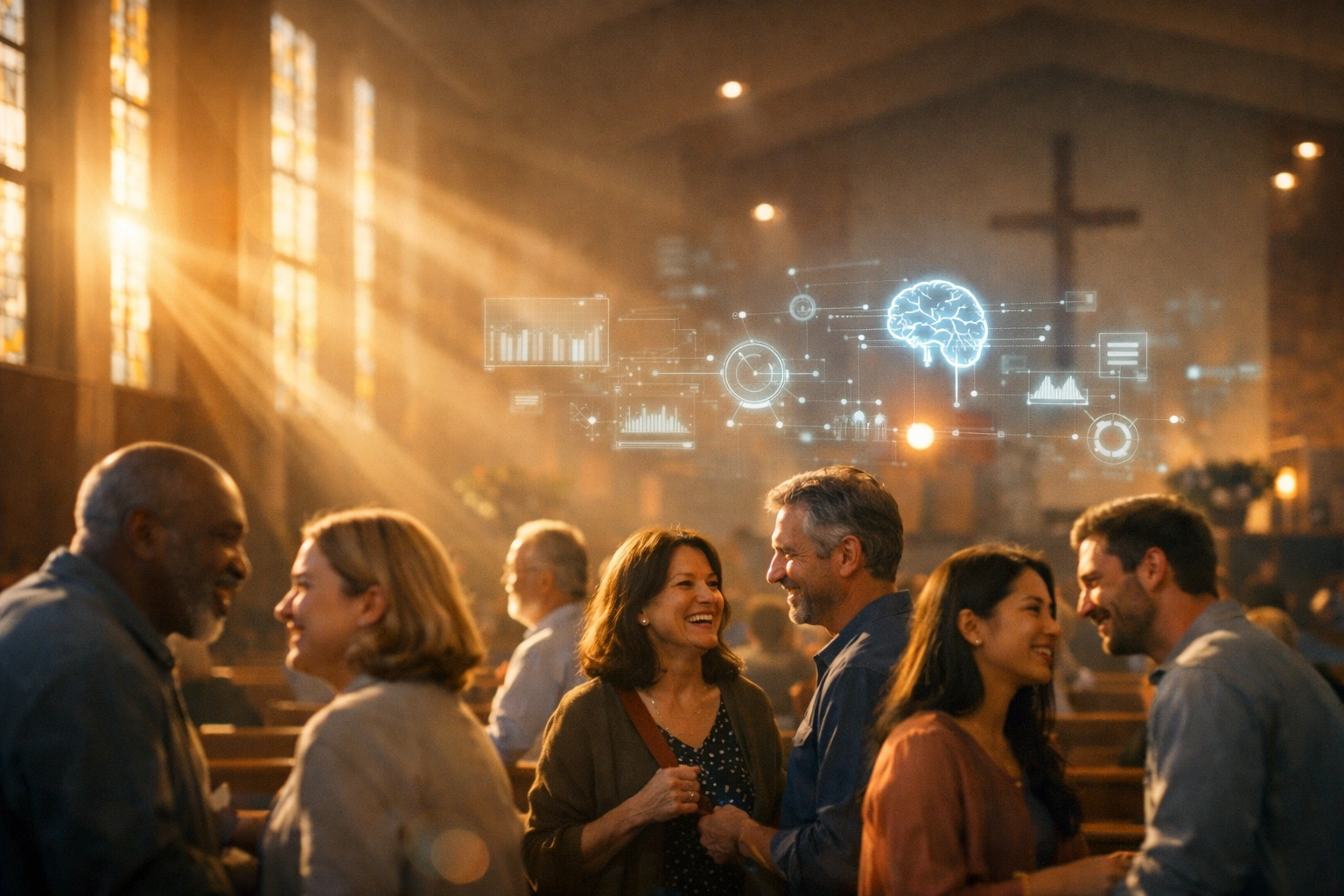 Modern church community connecting with AI technology assisting digital ministry in background