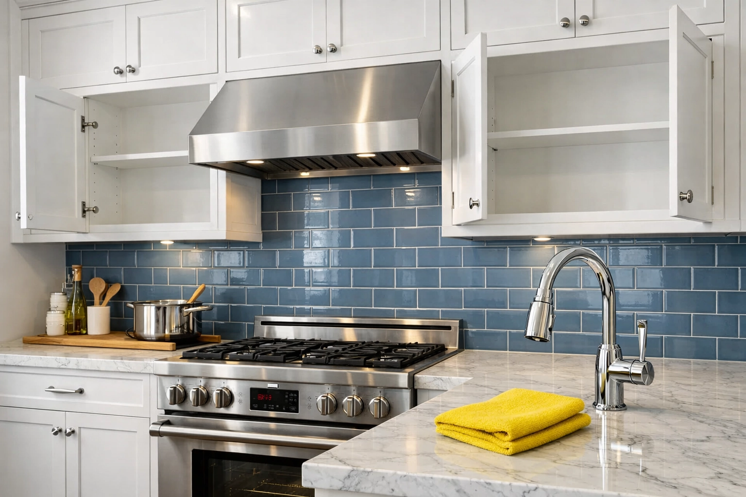 Clean kitchen cabinets and stainless steel appliances after a professional apartment cleaning in Leominster.
