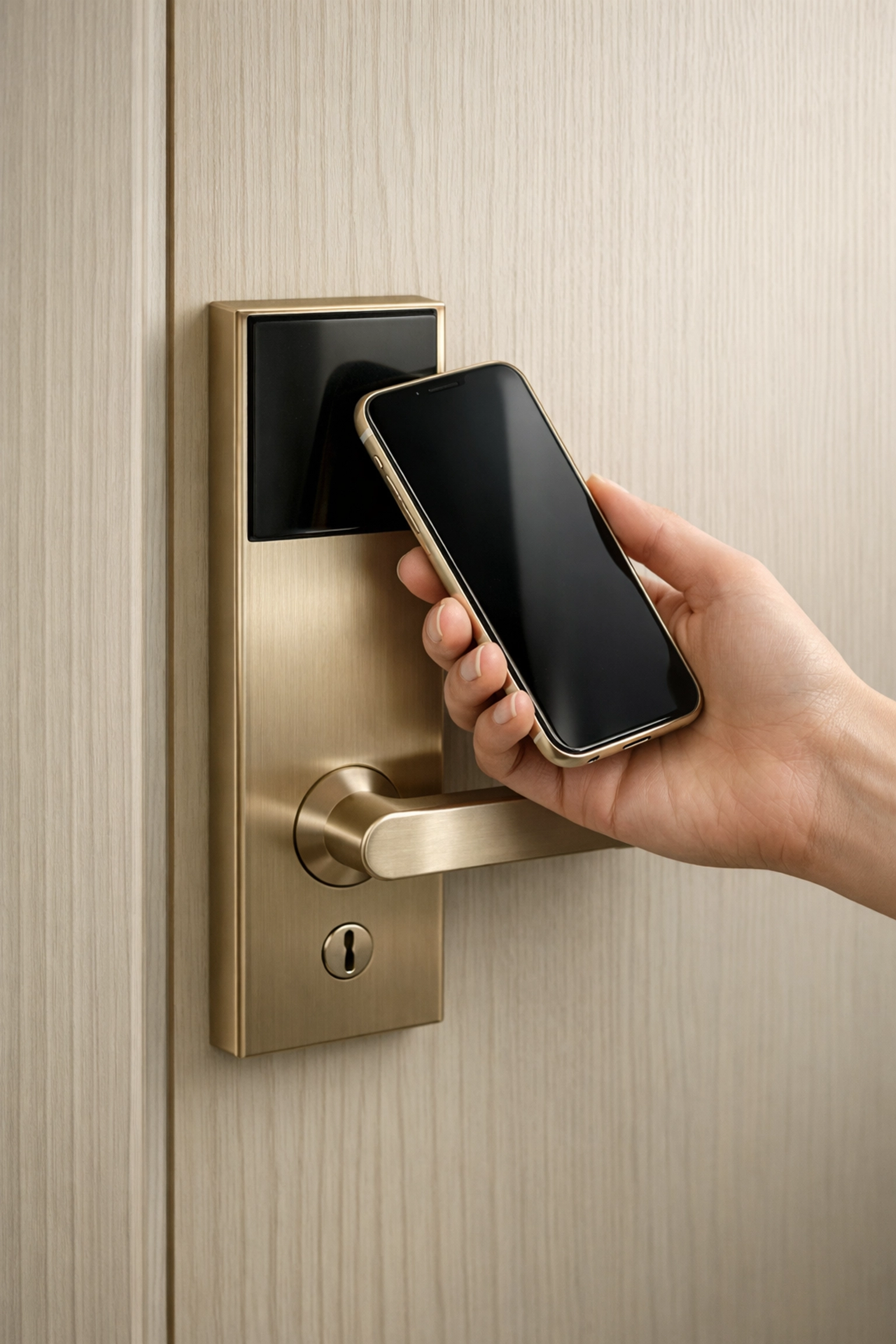 Efficient hotel technology showing a guest using a mobile phone to unlock a suite door wirelessly.