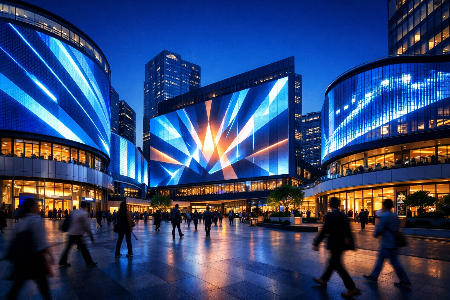 Modern smart city plaza featuring integrated digital media facades and innovative urban technology.