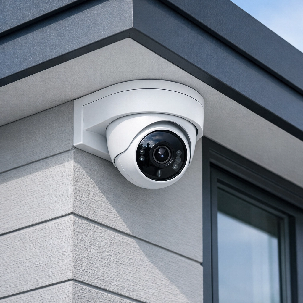 Expertly installed professional CCTV camera integrated seamlessly into a modern Cape Town home exterior.