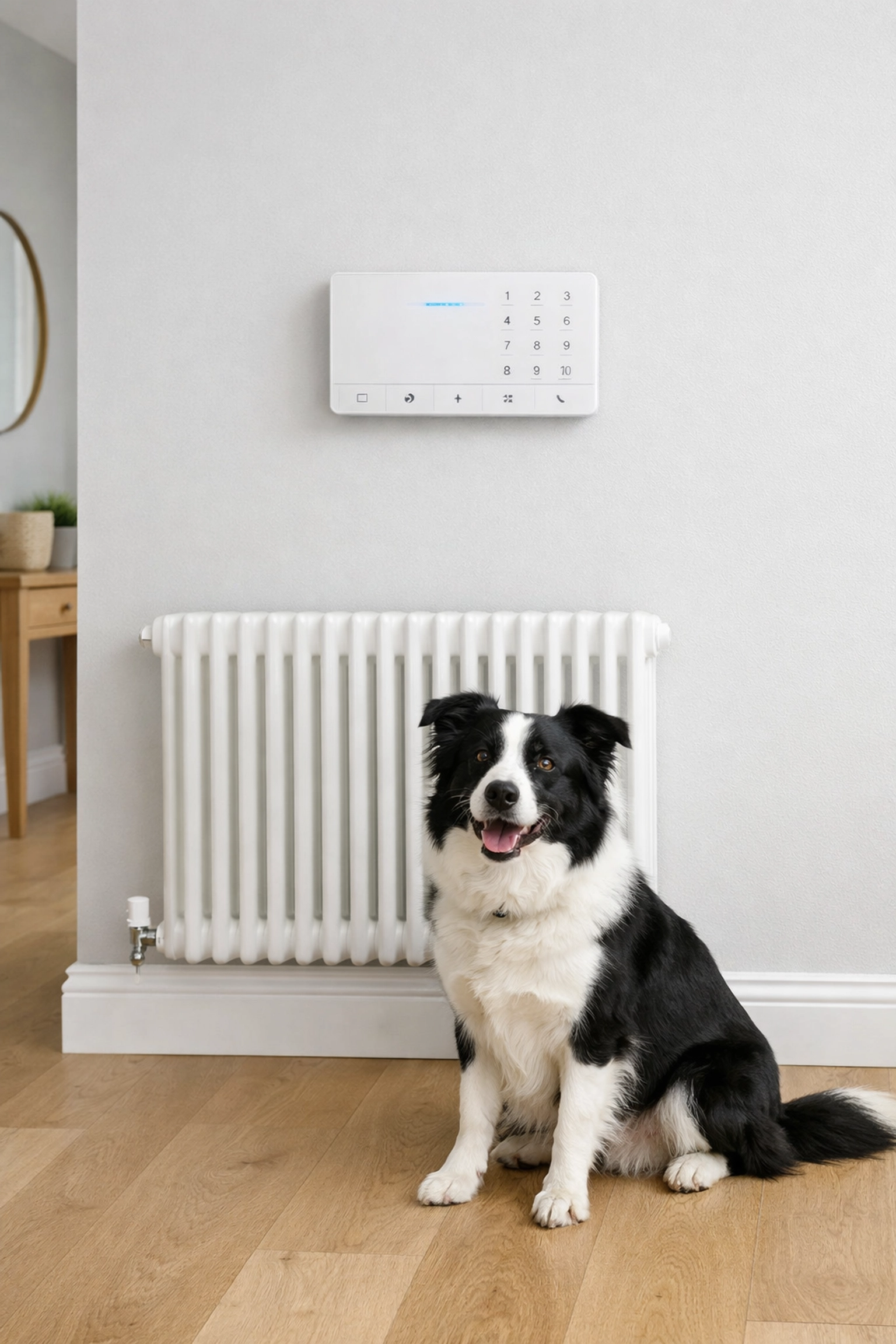 Modern wireless intruder alarm keypad installed in a UK home with a pet-friendly sensor.