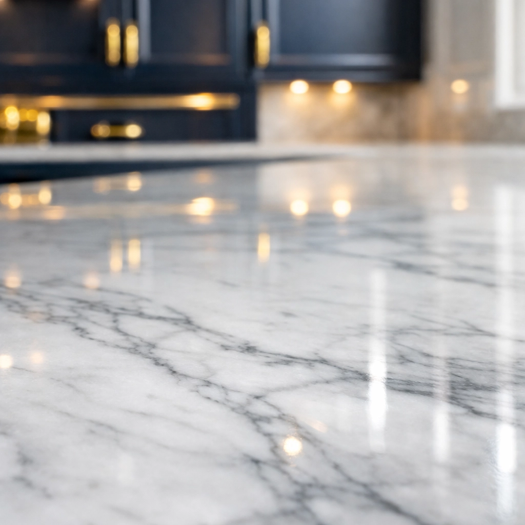 Polished Carrara marble surface highlighting high-end residential cleaning Massachusetts detail work.