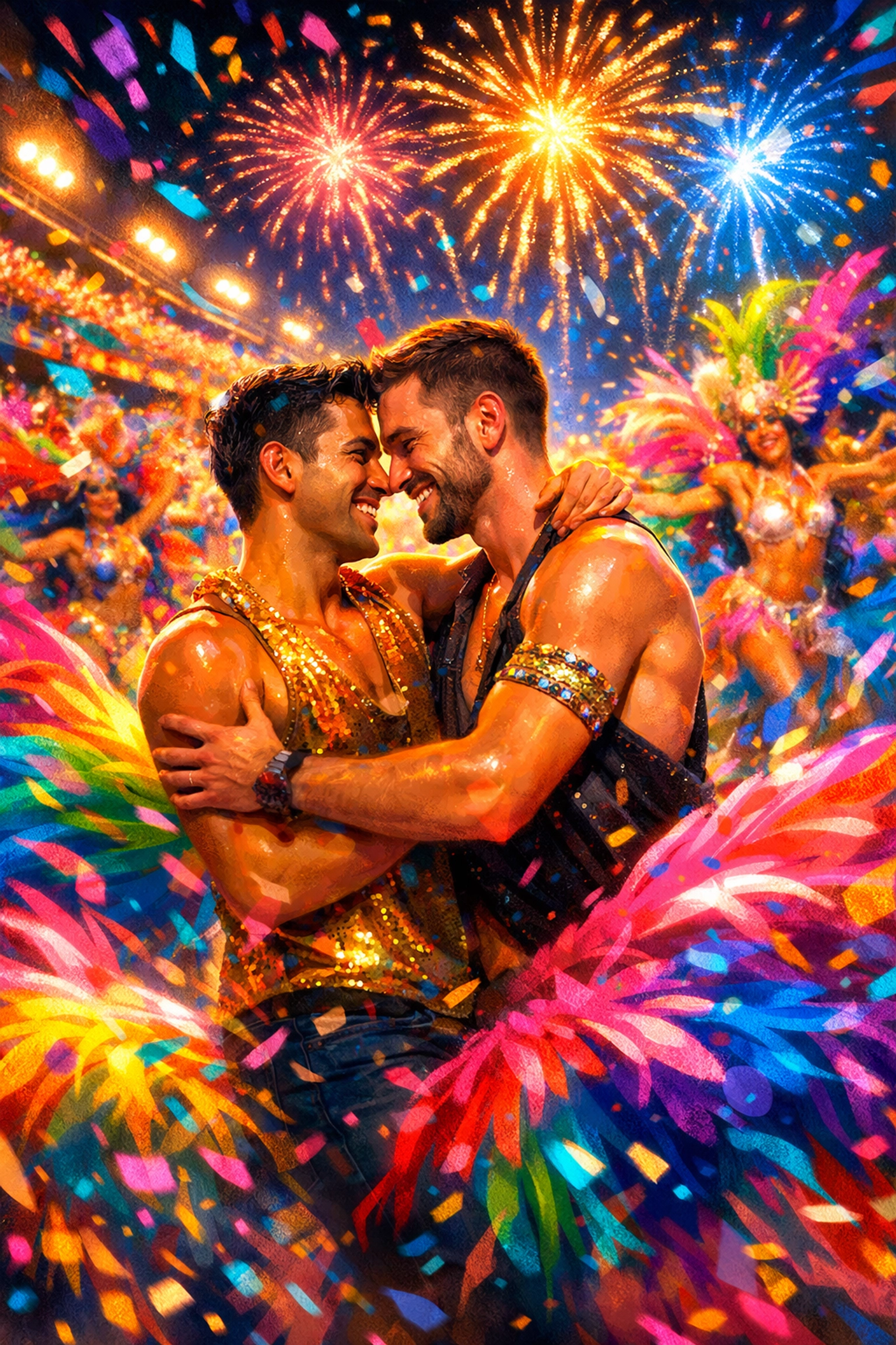 Gay couple dancing together at Rio Carnival celebration amid feathers and joy