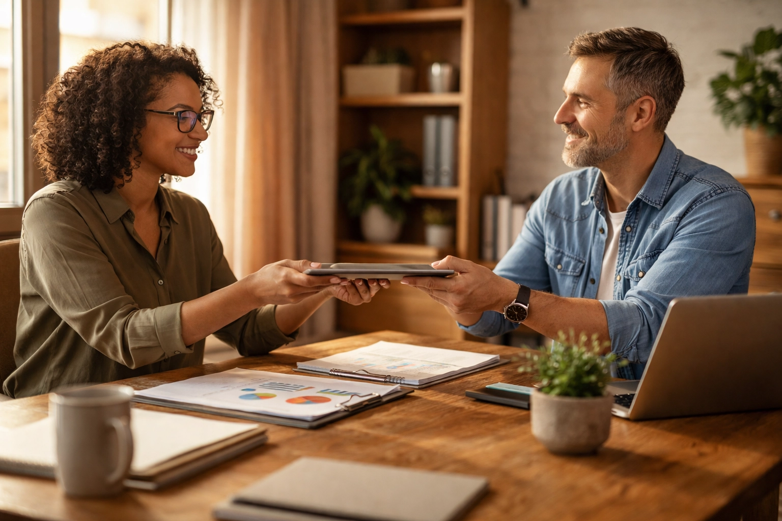 Business professionals exchanging a tablet to illustrate a clear hand-off of responsibility in a collaborative office. Business professionals exchanging a tablet to illustrate a clear hand-off of responsibility in a collaborative office.
