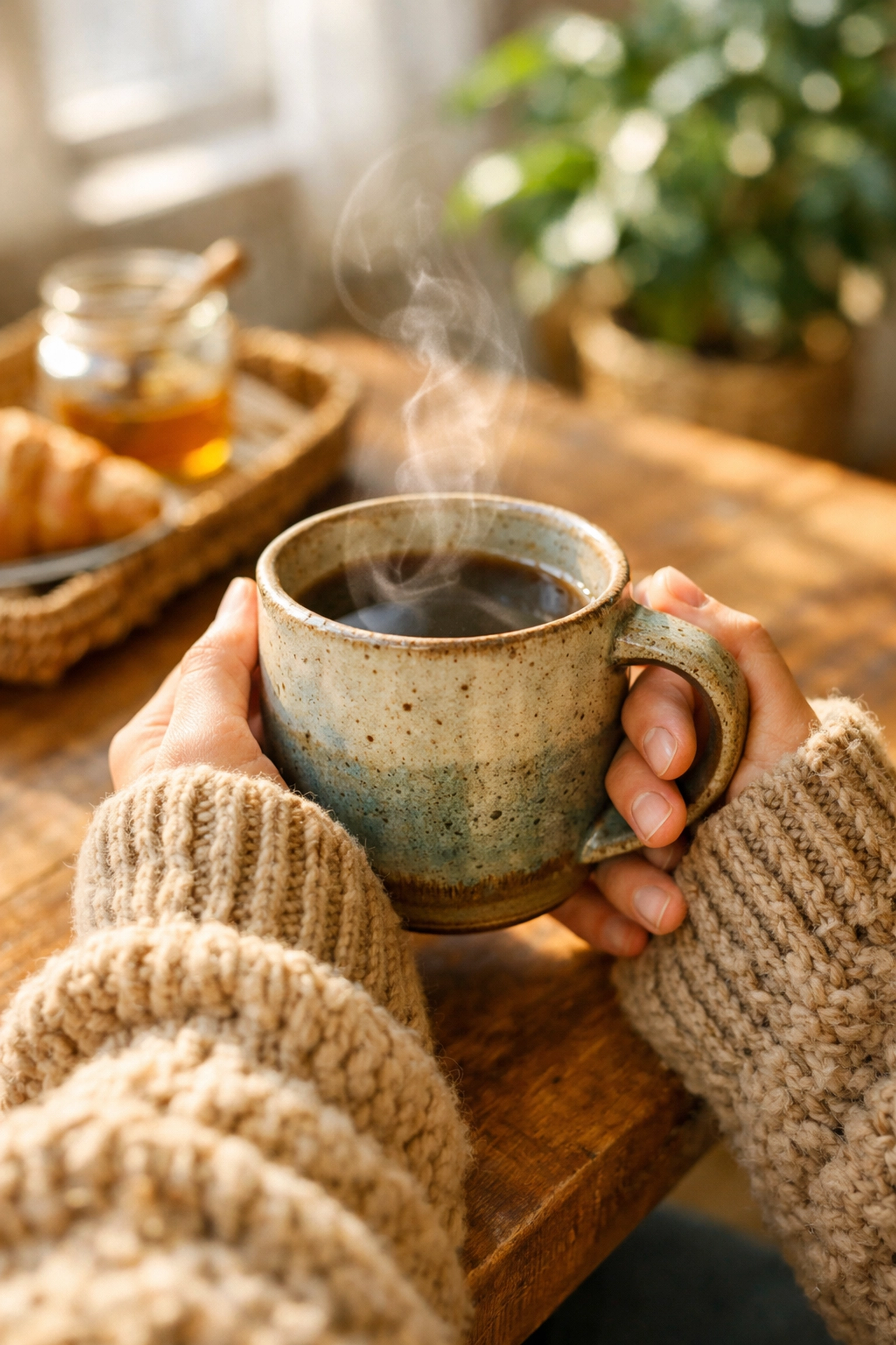 Hands holding a steaming mug of specialty coffee in a cozy, sunlit breakfast nook at home.