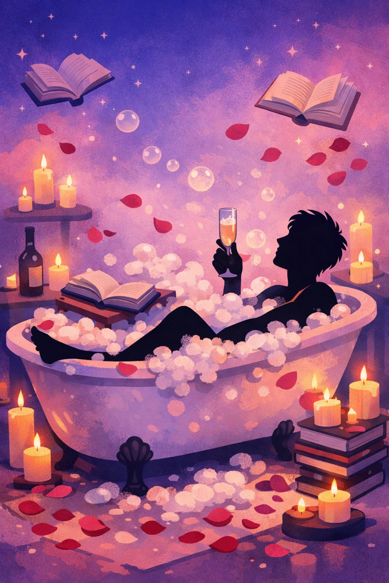 Gay man's indulgent self-care bath with books and candles on Valentine's Day