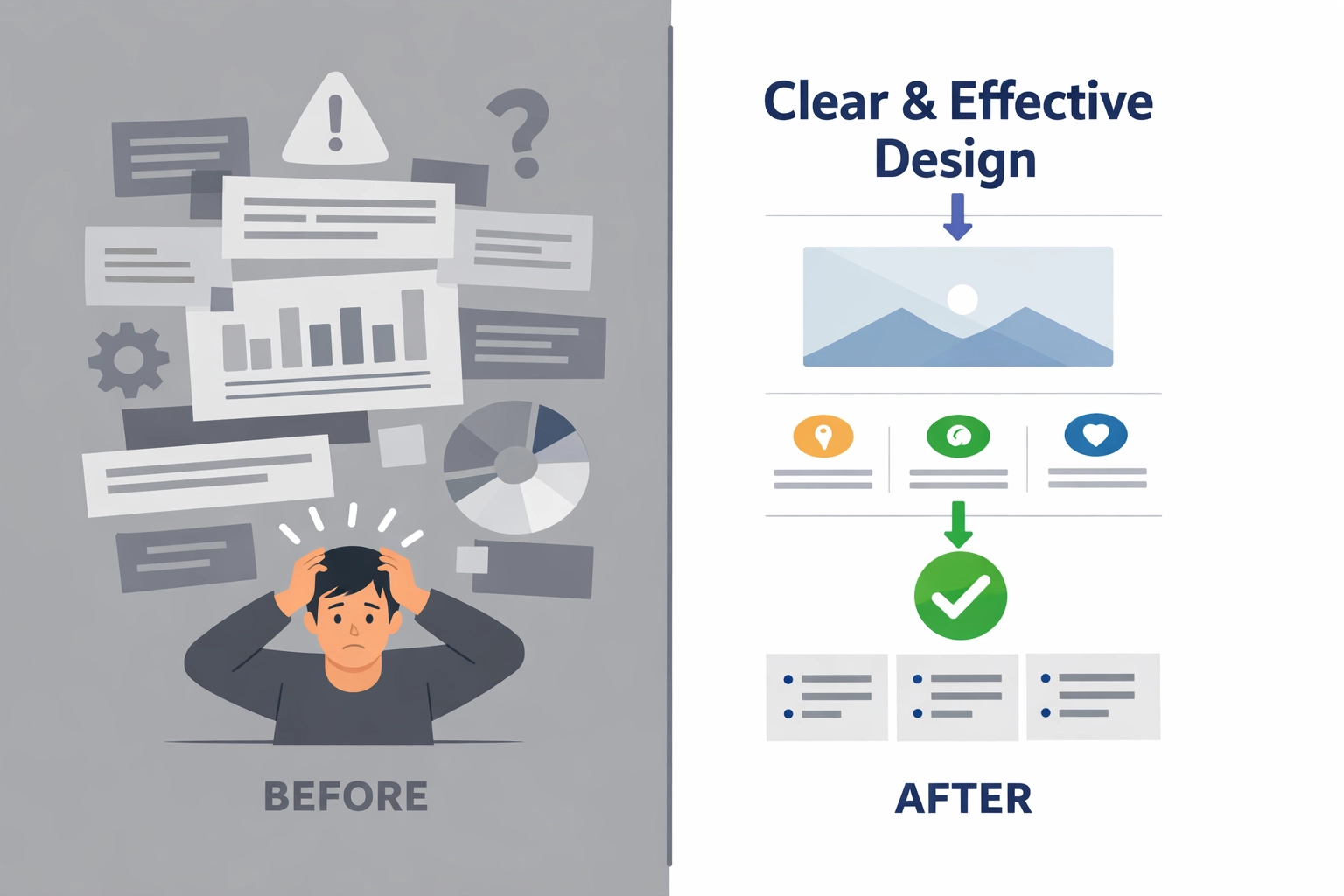 Before and after comparison of cluttered vs clean landing page layout with clear visual hierarchy
