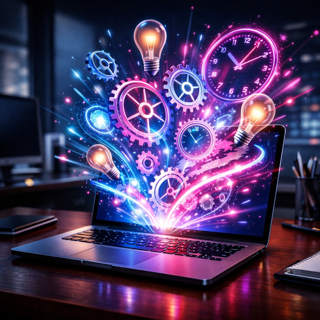 Symbole für Produktivität und Effizienz steigen aus einem Laptop zur KI-Nutzung auf.