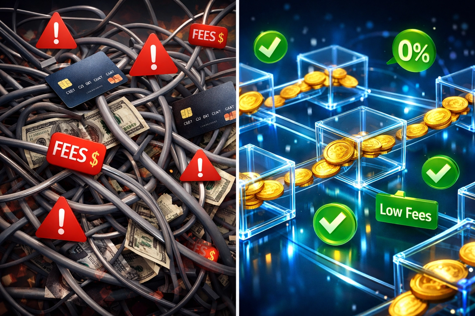 Traditional payment fees vs blockchain crypto payments showing 50% cost savings comparison