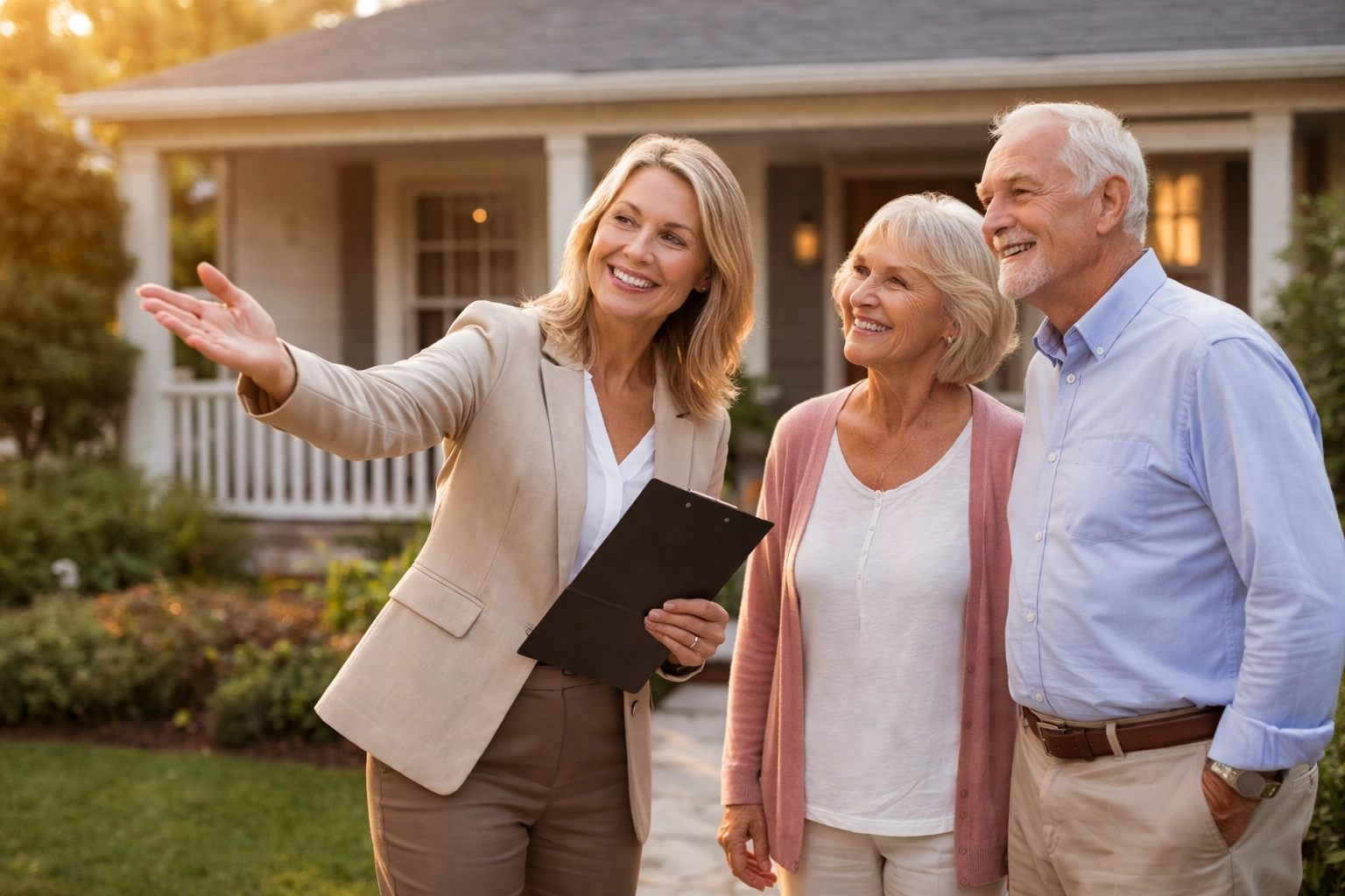 Senior real estate specialist showing a single-story home to an elderly couple considering downsizing