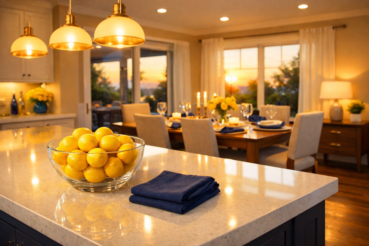 Immaculate kitchen with glowing countertops provided by professional cleaners Brookfield MA services.