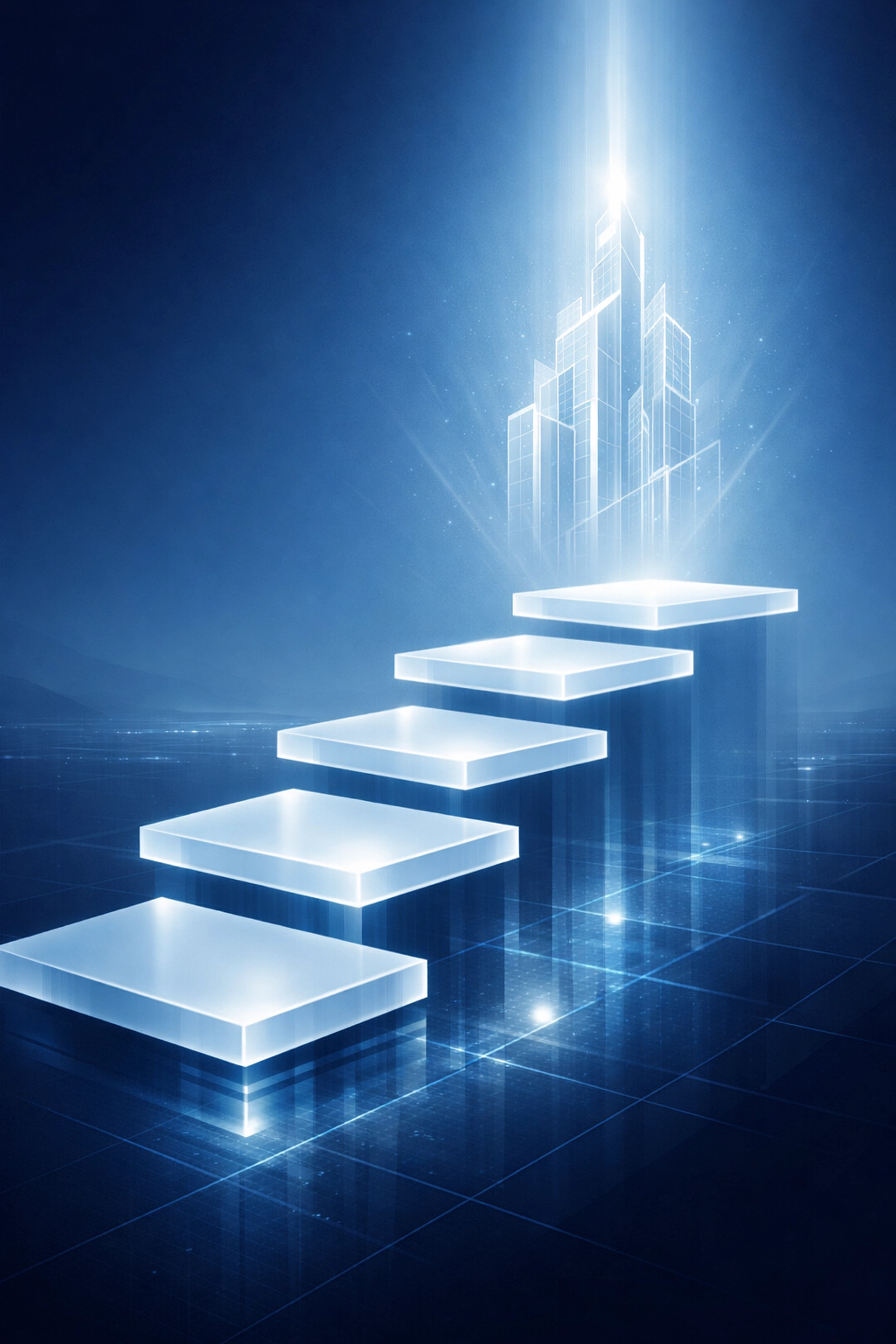 Stepping platforms toward a bright digital horizon symbolizing scalable growth and operational stability.