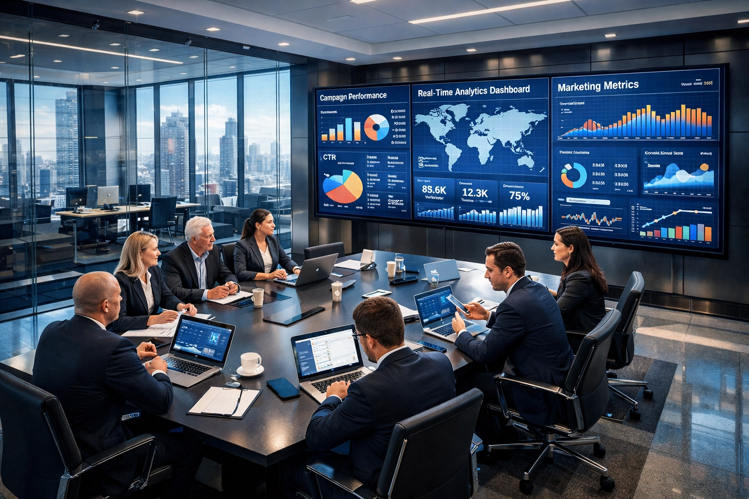 Corporate team reviewing integrated media analytics dashboards in modern boardroom