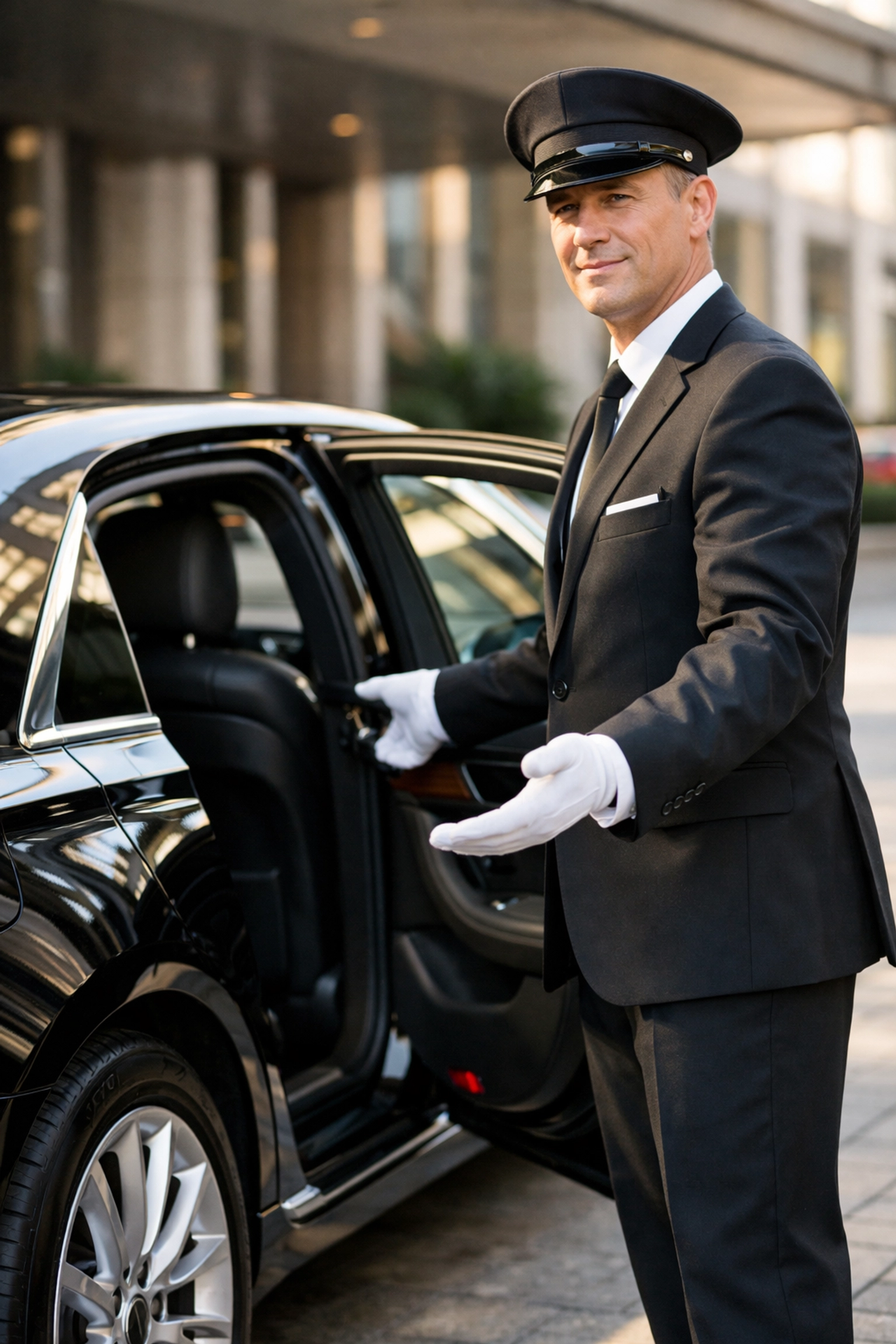 Professional chauffeur opening a luxury car door for an elite limo service Knoxville experience.