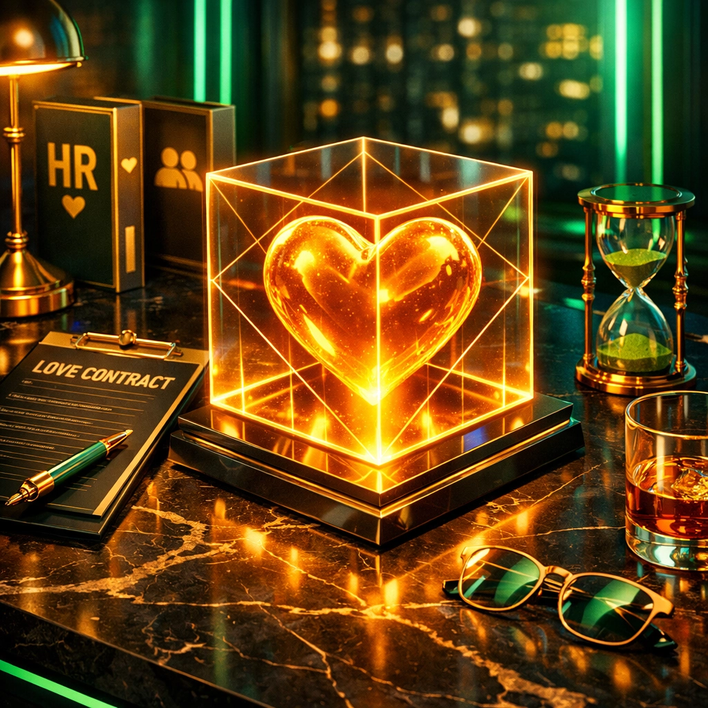 A glowing heart inside a glass cube on an executive desk, representing an HR love contract.