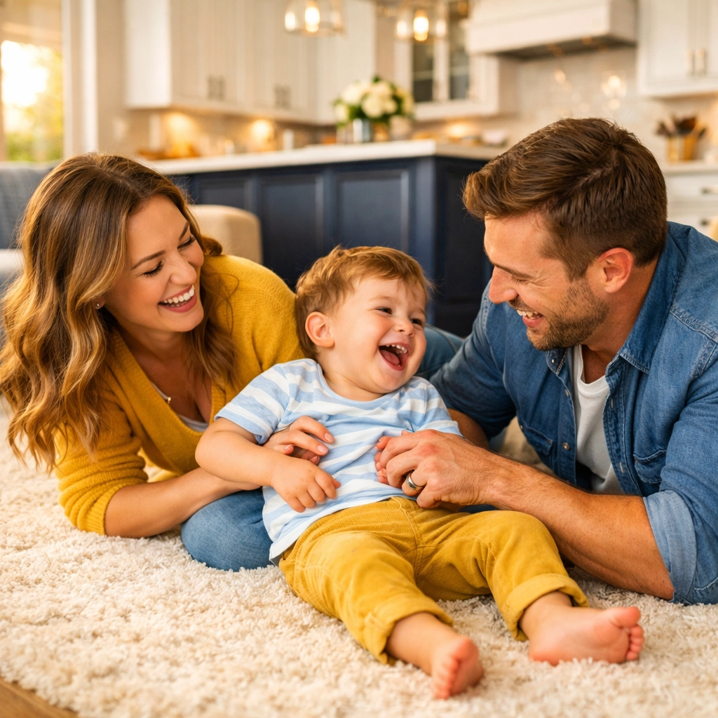 Family playing on a clean rug in their Massachusetts home after a weekly house cleaning service.
