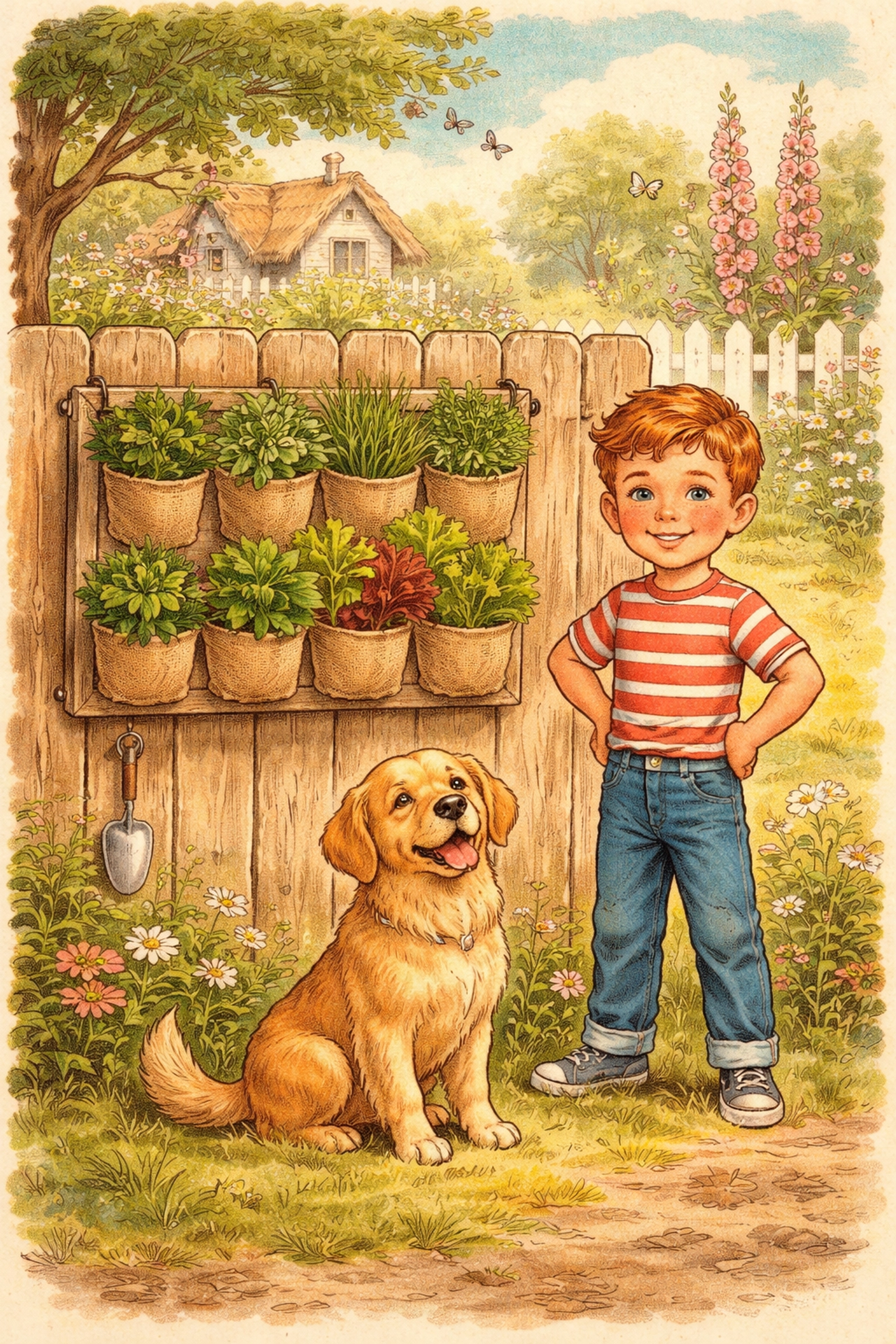 Boy and dog smiling by a fence covered in wall-mounted pocket planters full of herbs and lettuce
