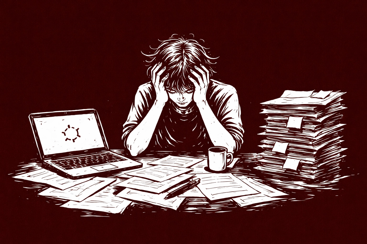 Sketch of a frustrated creator at a desk, symbolizing challenges of portfolio uploads in the creative industry