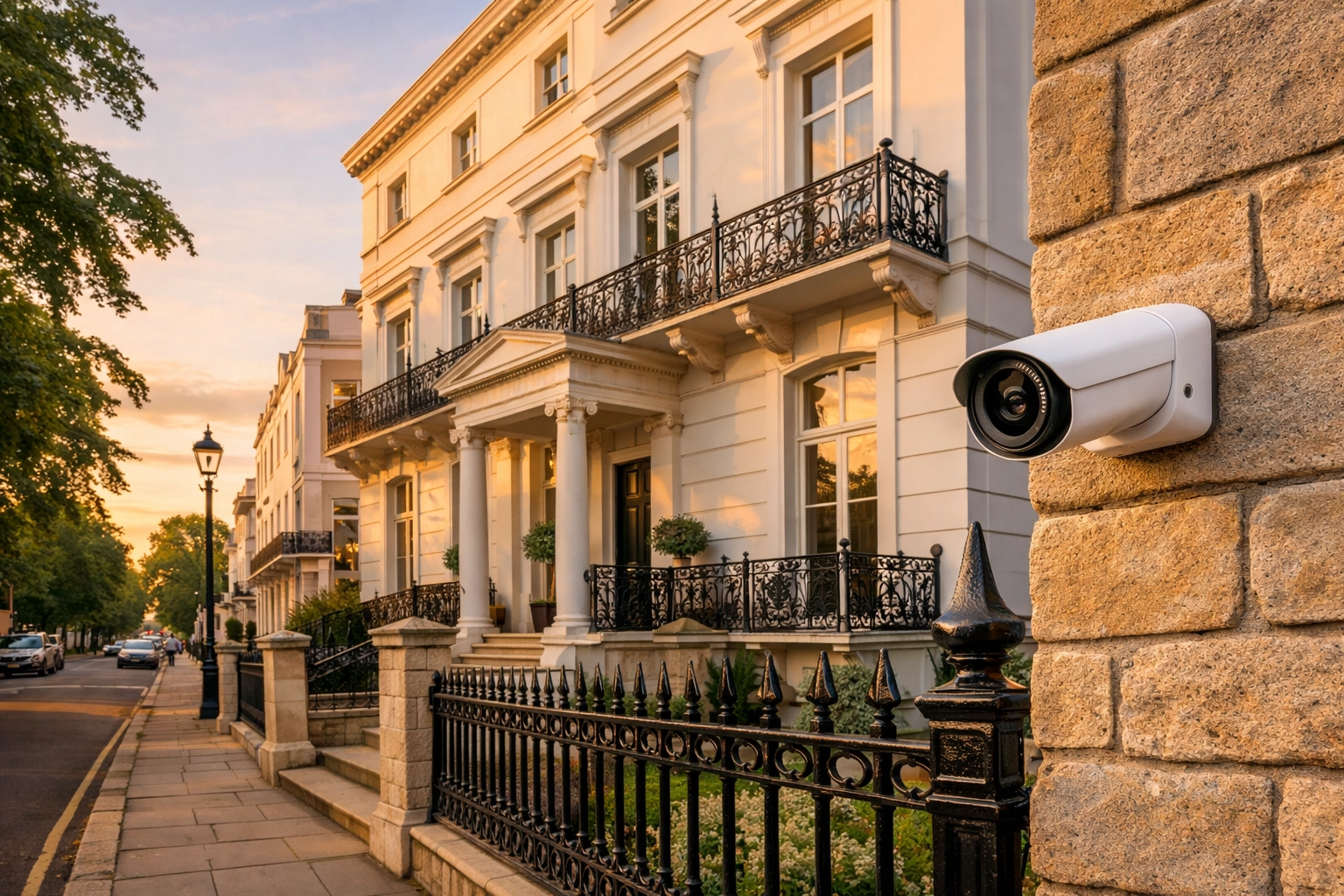 Sleek CCTV camera installed on a classic Regency townhouse, providing discreet home security in Cheltenham.