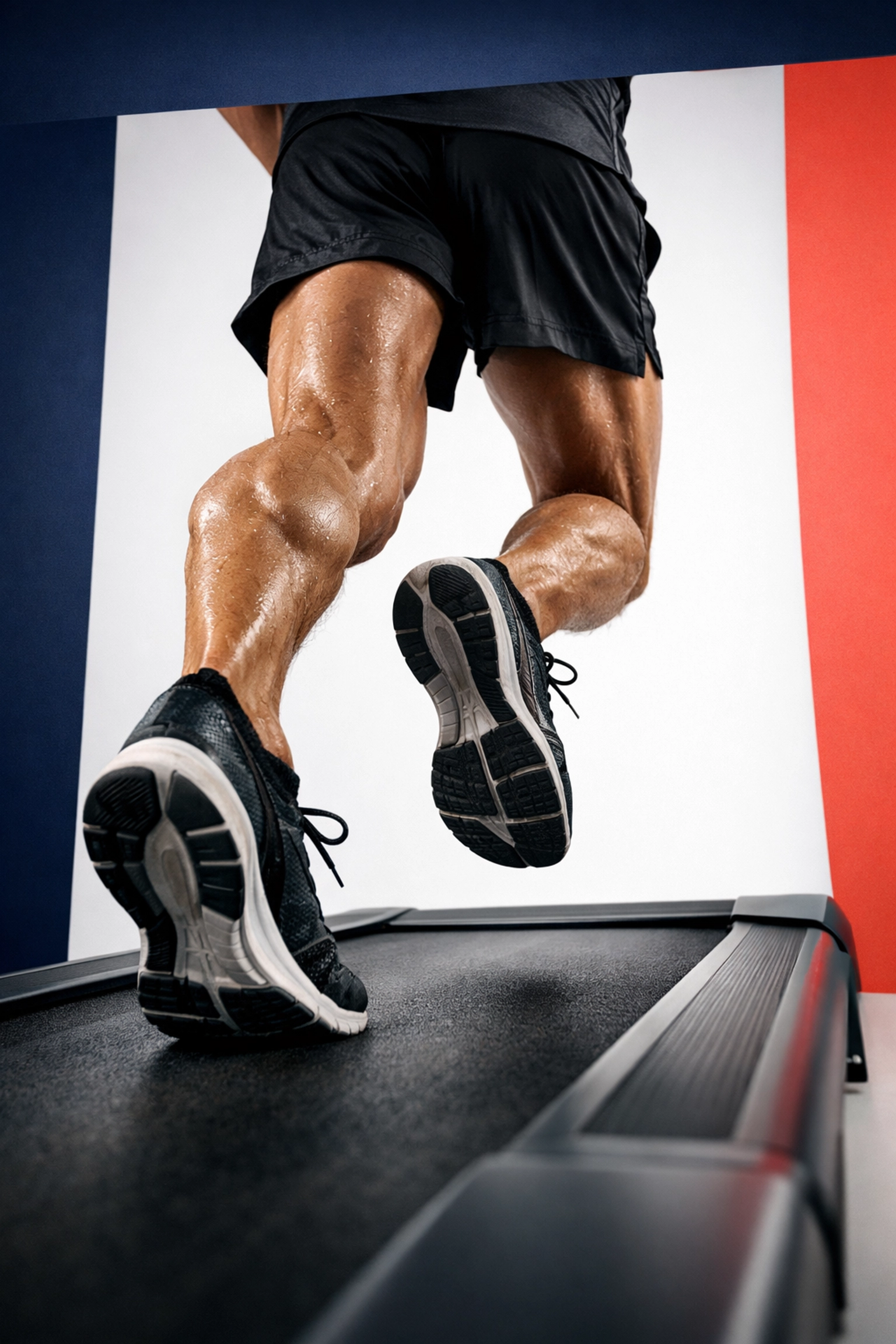 Fatigued runner on treadmill displaying muscle tension from overtraining symptoms