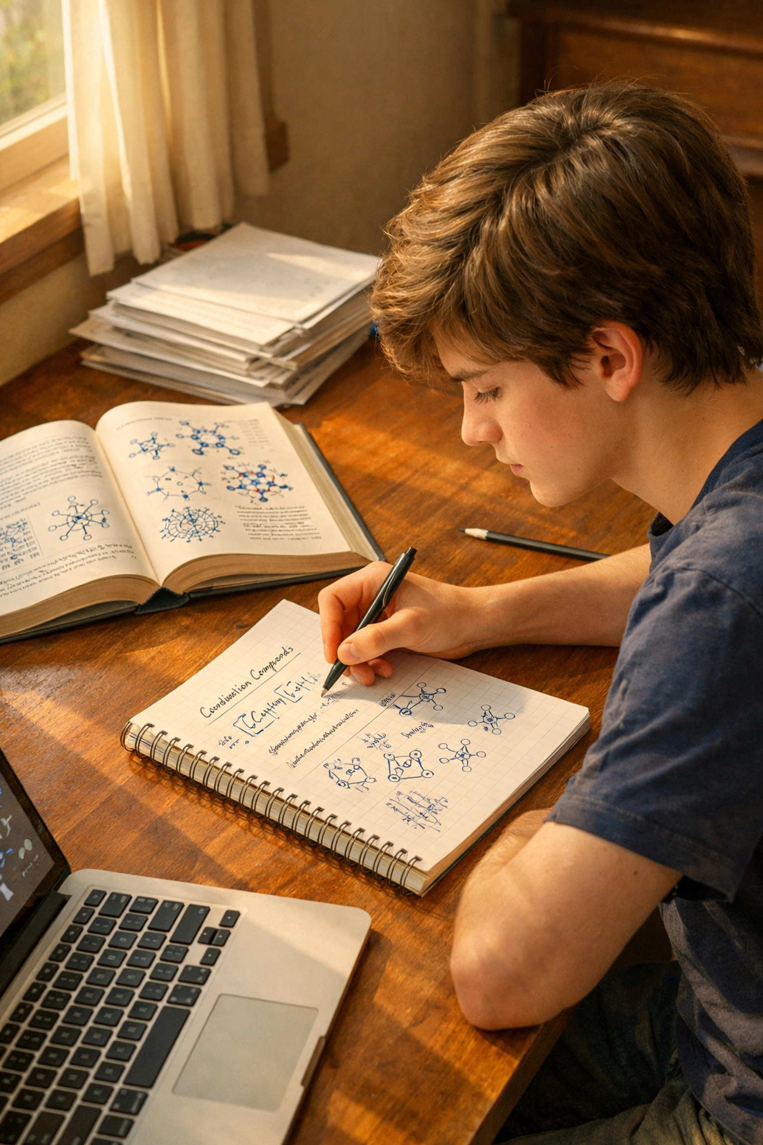 Student studying A Level Chemistry notes and inorganic chemistry diagrams for Paper 1 revision