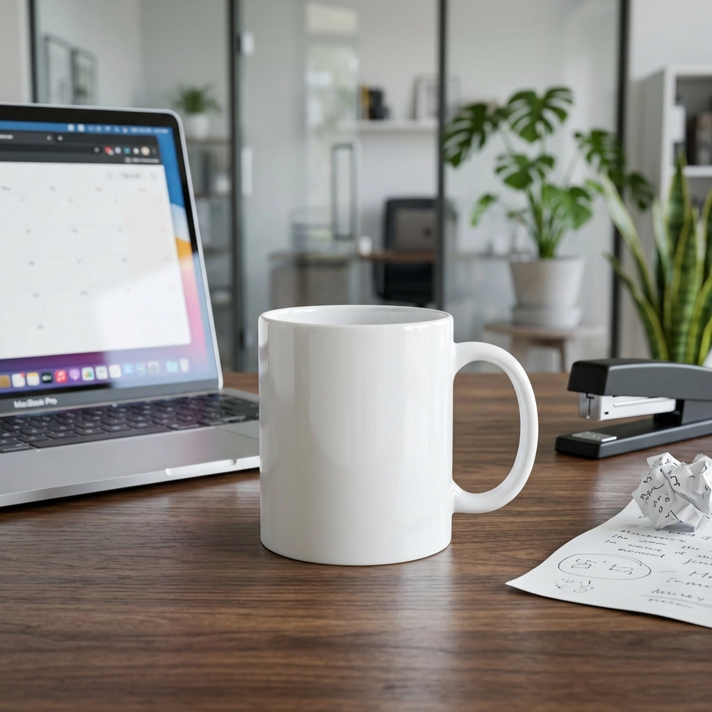 Premium white funny office mug on a professional desk, ideal for cheeky rude gifts and office banter.