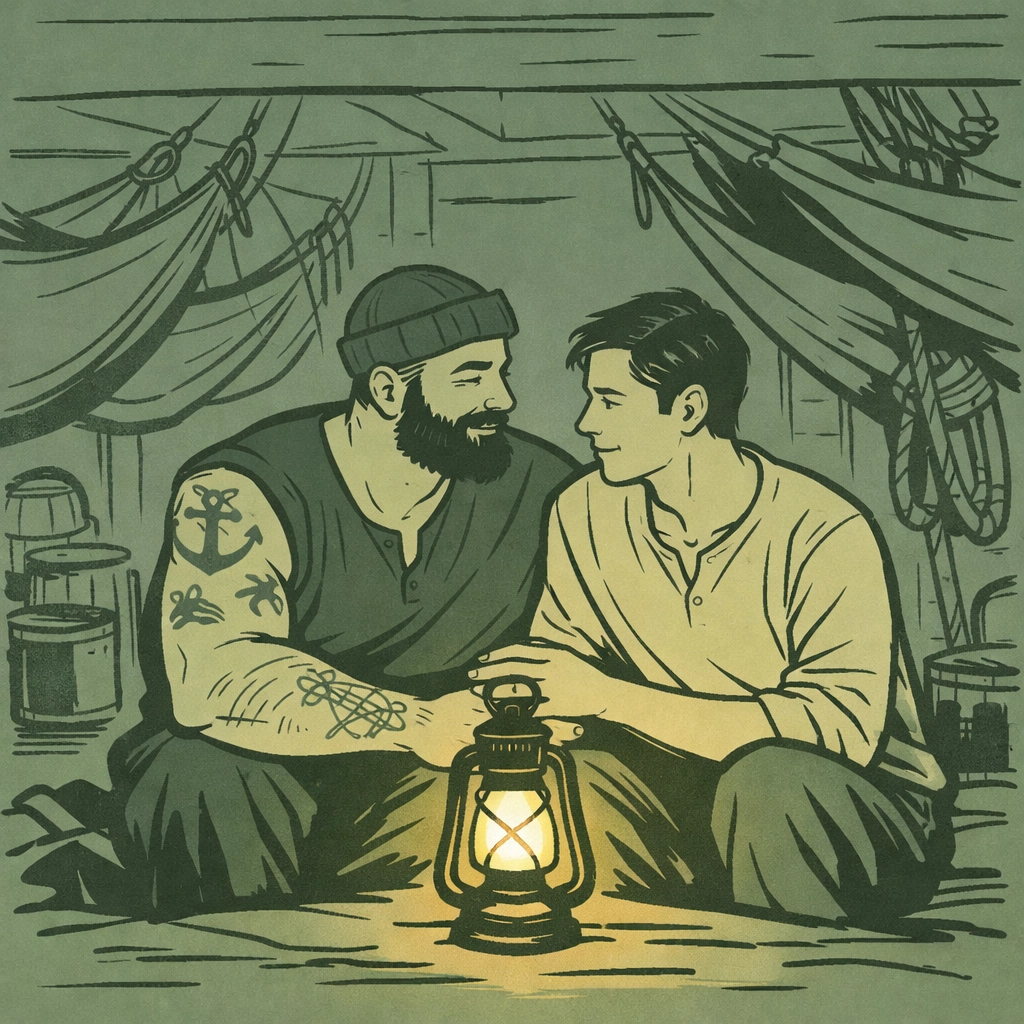 Male sailors share intimate moment below deck in cramped ship quarters