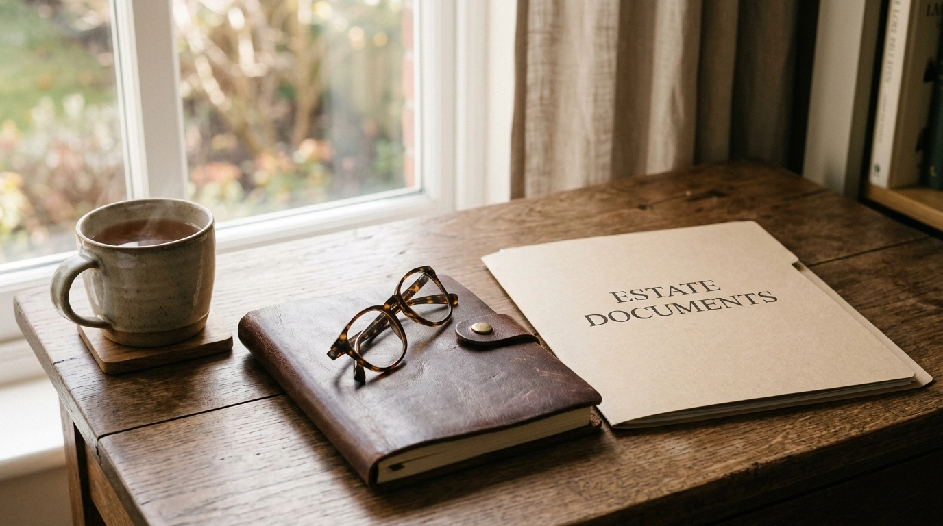 An organized desk with a notebook and folder representing estate preparation