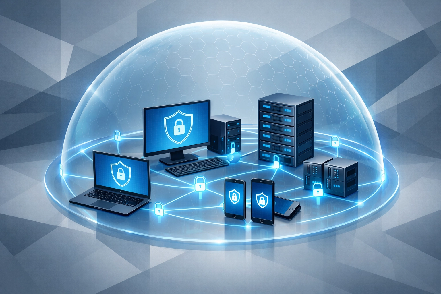 Connected business devices including laptops and servers protected by endpoint security solutions